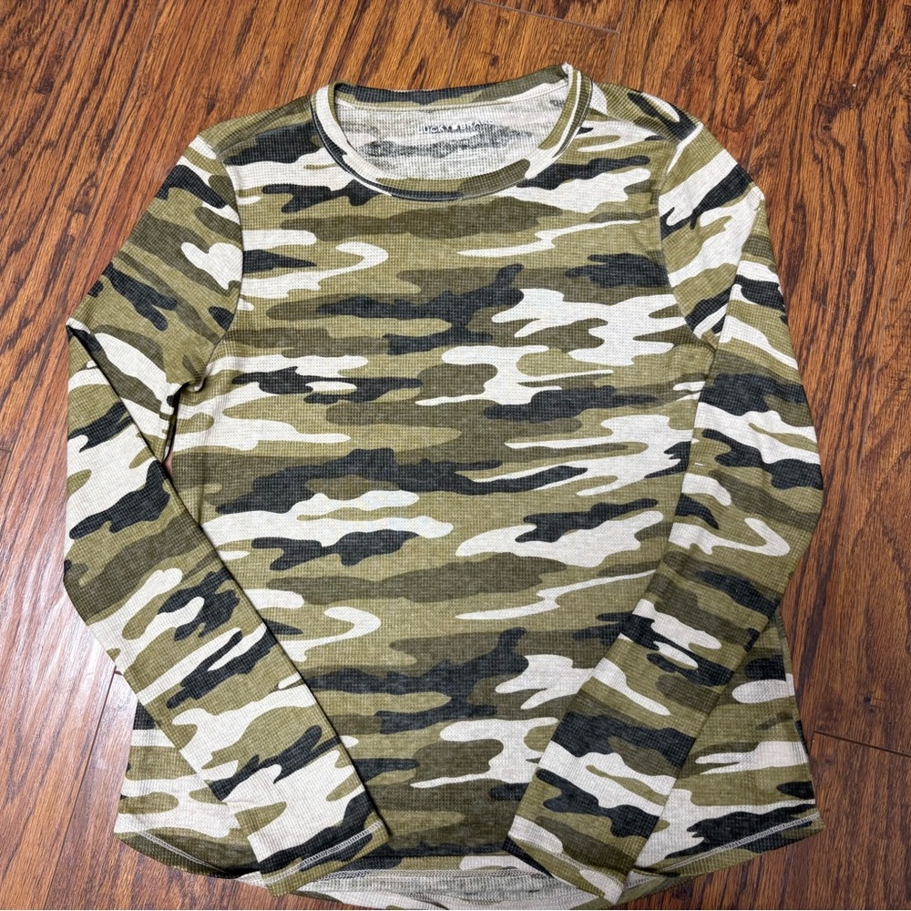 Lucky Brand Women's Camouflage Camo waffle knit top Crew Neck Green Small A5